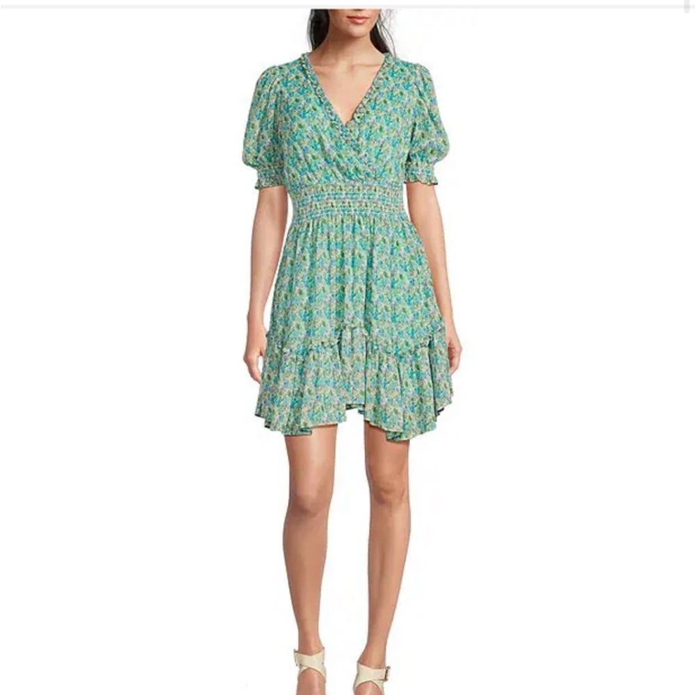 Floral Print V-Neck Puff Sleeve Smocked Waist A-Line Dress